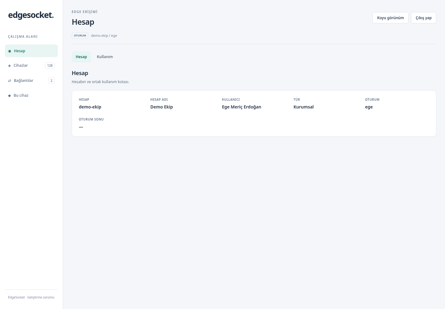 Desktop Hesap ekranında Demo Ekip, Ege Meriç Erdoğan ve kurumsal hesap bilgileri