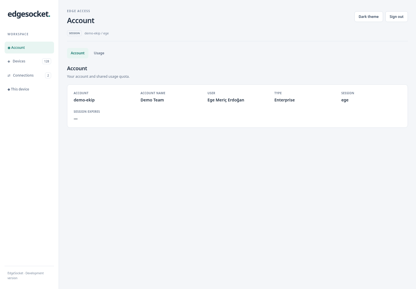 Desktop Account screen showing Demo Team, Ege Meriç Erdoğan and enterprise account details